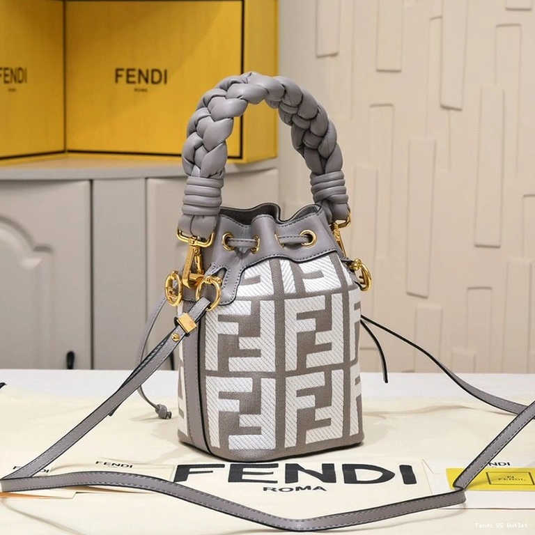 Vintage HOT Fendi Bucket Handle Bag with Canvas Mini Mon Woven Tresor In Motif Grey FF 0727